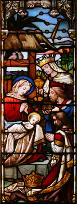 One of the panes of the stained glass window behind altar: The Nativity